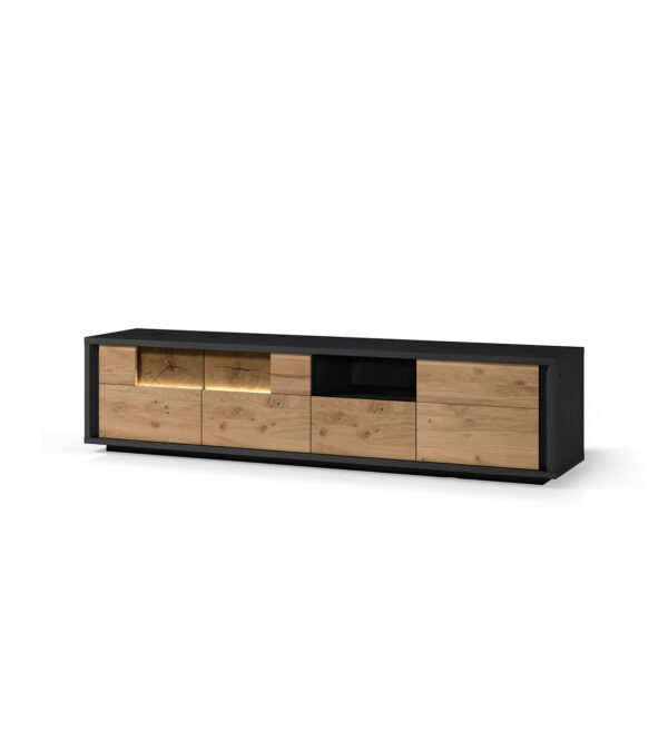 Meuble TV noir et bois naturel modern et design. Avec option led