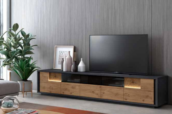 Meuble TV noir et bois naturel modern et design. Avec option led