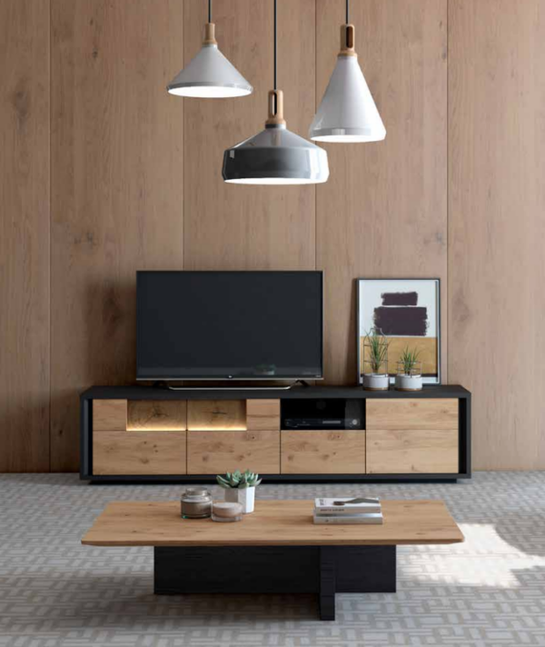 Meuble TV noir et bois naturel modern et design. Avec option led