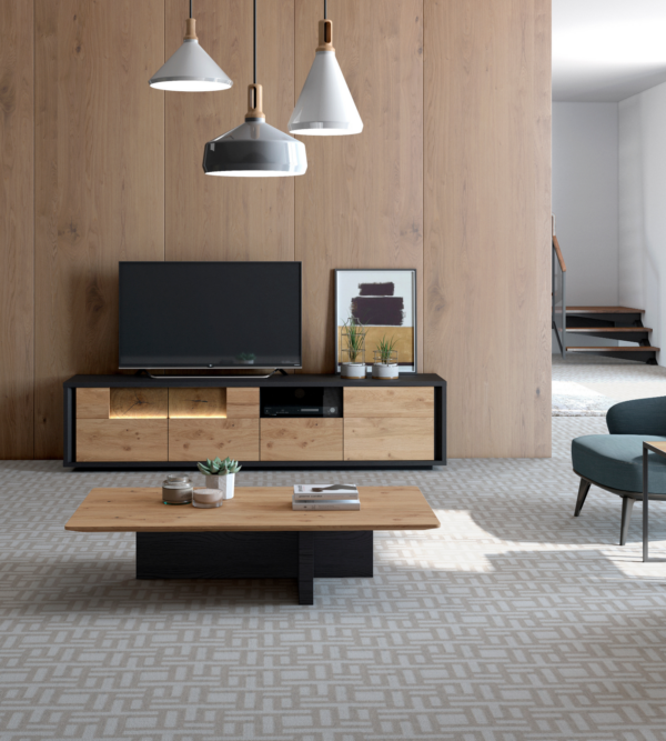 Meuble TV noir et bois naturel modern et design. Avec option led